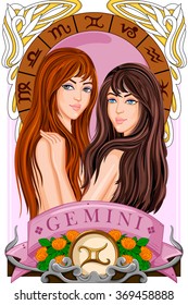 Vector design of fantasy girl for astrological zodiac sign Gemini