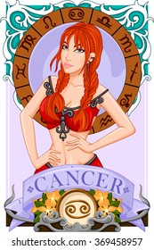 Vector design of fantasy girl for astrological zodiac sign Cancer