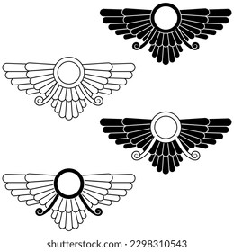 Vector design of Faravahar symbol, winged solar disk, Zoroastrian religion symbol