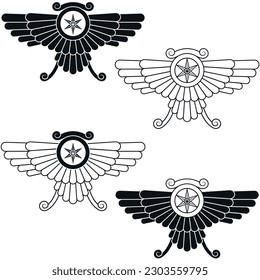 Vector design of Faravahar symbol, winged solar disk, Zoroastrian religion symbol