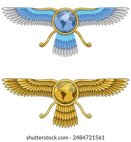 Vector design of Faravahar symbol, winged sun disk, symbol of Zoroastrian religion, winged disk with planet earth