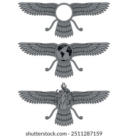 Vector design of Faravahar symbol, winged solar disk, symbol of Zoroastrian religion, winged disk with planet earth and fire