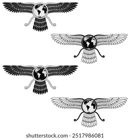 Vektordesign des Faravahar-Symbols, geflügelte Sonnenscheibe, Symbol der zoroastrischen Religion, geflügelte Scheibe mit Planet Erde