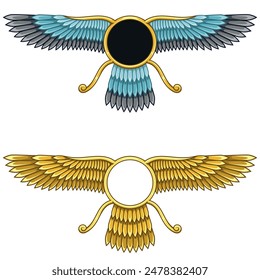 Vector design of Faravahar symbol, symbol of Zoroastrian religion, winged sun disk