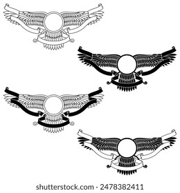 Vector design of Faravahar symbol, symbol of Zoroastrian religion, winged sun disk surrounded with ribbon