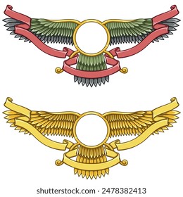 Vector design of Faravahar symbol, symbol of Zoroastrian religion, winged sun disk surrounded with ribbon