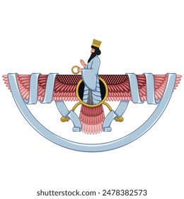 Vector design of Faravahar symbol, symbol of Zoroastrian religion, prophet Zoroastrianism on winged disk surrounded with ribbon