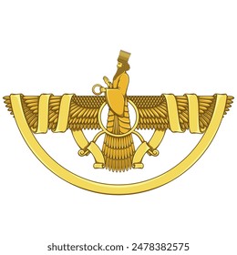 Vector design of Faravahar symbol, symbol of Zoroastrian religion, prophet Zoroastrianism on winged disk surrounded with ribbon