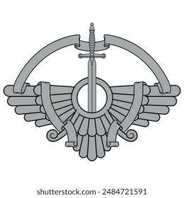 Vector design of Faravahar symbol, symbol of Zoroastrian religion, winged sun disk surrounded by ribbon and sword of medieval soldier