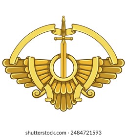 Vector design of Faravahar symbol, symbol of Zoroastrian religion, winged sun disk surrounded by ribbon and sword of medieval soldier