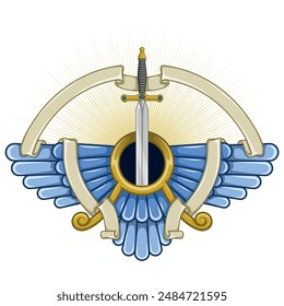 Vector design of Faravahar symbol, symbol of Zoroastrian religion, winged sun disk surrounded by ribbon and sword of medieval soldier