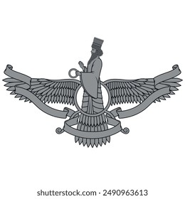 Vector design of Faravahar symbol, symbol of Zoroastrian religion, prophet Zoroastrianism on winged disk surrounded with ribbon