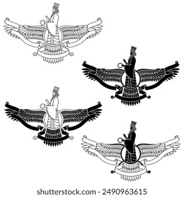 Vektorgrafik-Design des Faravahar-Symbols, Symbol der zoroastrischen Religion, Prophet Zoroastrismus auf geflügelten Scheibe umgeben mit Band