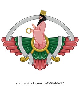 Vector design of Faravahar symbol, symbol of Zoroastrian religion, prophet Zoroastrianism on winged disk surrounded with ribbon