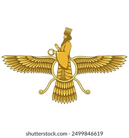 Vektordesign des Faravahar-Symbols, Zoroastrianisches Religionssymbol, Zoroastrianismus-Prophet auf geflügelter Sonnenscheibe