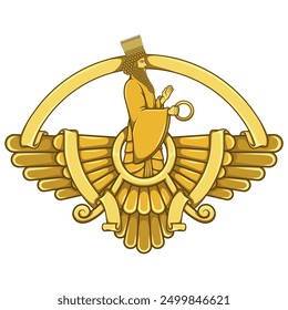 Vector design of Faravahar symbol, symbol of Zoroastrian religion, prophet Zoroastrianism on winged disk surrounded with ribbon