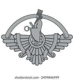 Vektordesign des Faravahar-Symbols, Symbol der zoroastrischen Religion, Prophet Zoroastrismus auf geflügelter Scheibe mit Band umgeben