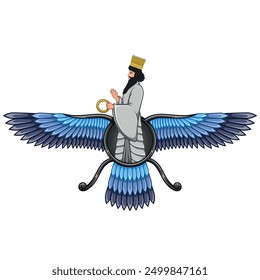 Vektordesign des Faravahar-Symbols, Zoroastrianisches Religionssymbol, Zoroastrianismus-Prophet auf geflügelter Sonnenscheibe