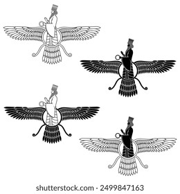 Vektordesign des Faravahar-Symbols, Zoroastrianisches Religionssymbol, Zoroastrianismus-Prophet auf geflügelter Sonnenscheibe