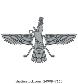 Vector design of Faravahar symbol, Zoroastrian religion symbol, Zoroastrianism prophet on winged sun disk