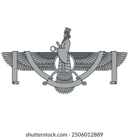 Vektordesign des Faravahar-Symbols, Symbol der zoroastrischen Religion, Prophet Zoroastrismus auf geflügelter Scheibe mit Band umgeben