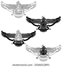 Vector design of Faravahar symbol, symbol of Zoroastrian religion, winged disk with fire and ribbon, Zoroastrian fire temple