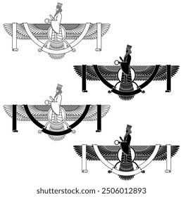 Vector design of Faravahar symbol, symbol of Zoroastrian religion, prophet Zoroastrianism on winged disk surrounded with ribbon