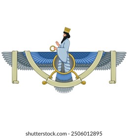 Vektordesign des Faravahar-Symbols, Symbol der zoroastrischen Religion, Prophet Zoroastrismus auf geflügelter Scheibe mit Band umgeben