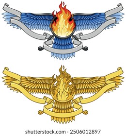 Vector design of Faravahar symbol, symbol of Zoroastrian religion, winged disk with fire and ribbon, Zoroastrian fire temple