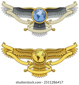 Vektordesign des Faravahar-Symbols, Symbol der zoroastrischen Religion, geflügelte Scheibe mit Planetenerde und Band