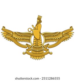 Vektordesign des Faravahar-Symbols, Symbol der zoroastrischen Religion, Prophet Zoroastrismus auf geflügelter Scheibe mit Band umgeben