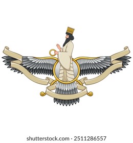 Vektordesign des Faravahar-Symbols, Symbol der zoroastrischen Religion, Prophet Zoroastrismus auf geflügelter Scheibe mit Band umgeben