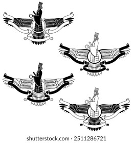 Vektordesign des Faravahar-Symbols, Symbol der zoroastrischen Religion, Prophet Zoroastrismus auf geflügelter Scheibe mit Band umgeben