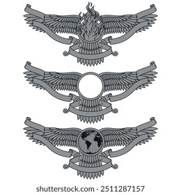 Vektordesign des Faravahar-Symbols, Symbol der zoroastrischen Religion, geflügelte Sonnenscheibe mit Band umgeben