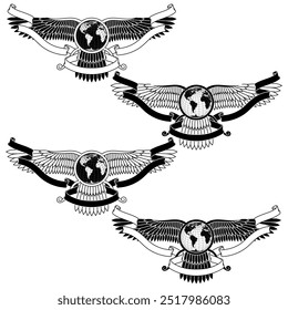 Vektordesign des Faravahar-Symbols, Symbol der zoroastrischen Religion, geflügelte Scheibe mit Planetenerde und Band