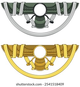 Vektordesign des Faravahar-Symbols, Symbol der zoroastrischen Religion, geflügelte Sonnenscheibe mit Band umgeben