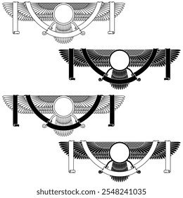 Vektordesign des Faravahar-Symbols, Symbol der zoroastrischen Religion, geflügelte Sonnenscheibe mit Band umgeben