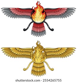 Vector design of Faravahar symbol, symbol of Zoroastrian religion, winged disk with burning fire, Zoroastrian fire temple