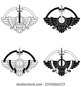 Vector design of Faravahar symbol, symbol of Zoroastrian religion, winged sun disk surrounded by ribbon and sword of medieval soldier