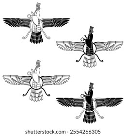 Vector design of Faravahar symbol, Zoroastrian religion symbol, Zoroastrianism prophet on winged sun disk