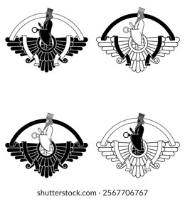 Vector design of Faravahar symbol, symbol of Zoroastrian religion, prophet Zoroastrianism on winged disk surrounded with ribbon