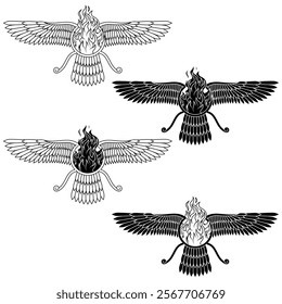 Vector design of Faravahar symbol, symbol of Zoroastrian religion, winged disk with burning fire, Zoroastrian fire temple