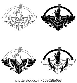 Vector design of Faravahar symbol, symbol of Zoroastrian religion, prophet Zoroastrianism on winged disk surrounded with ribbon