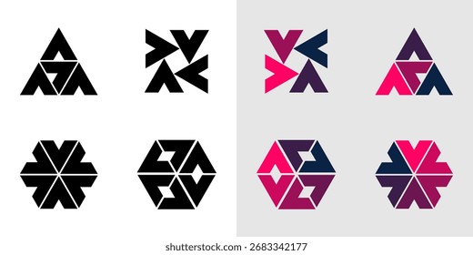 El diseño del Vector presenta un patrón geométrico colorido con Formas triangulares, íconos de estrellas y flechas para un conjunto de elementos de Web sin costuras