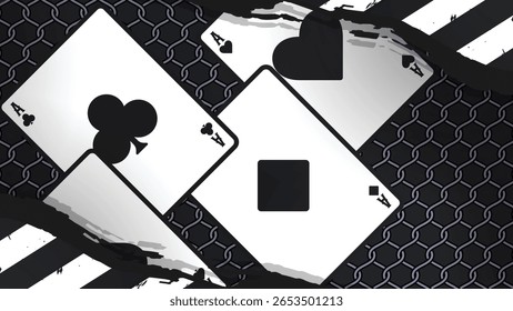Design vetorial com ás jogando cartas sobre uma malha escura de elos de cadeia com listras cautelosas e texturas grunge. Estilo arrojado e ousado.