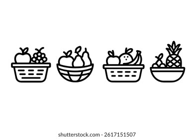 Vector design featuring a basket of fruit icons in simple line and flat illustration style with black and white colors in sets