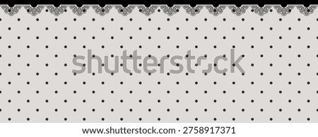 Vector design featuring a black lace border atop a white background with black polka dots. Elegant and minimalistic pattern for decorative purposes.