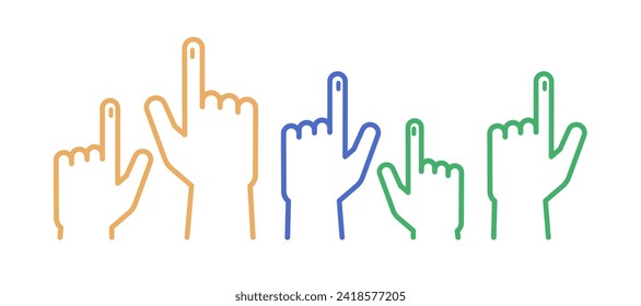 Vector design featuring five hands with inked pointing index fingers in an unfilled thin outline style, representing the act of voting in India.