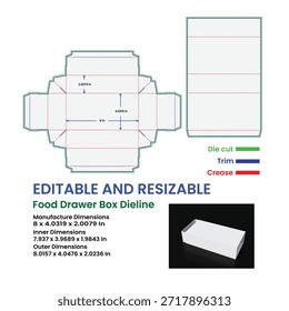 Vektordesign mit Küchenschublade Box Dieline mit Abmessungen und 3D-Rendering auf schwarzem Hintergrund 