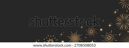 Vector design featuring golden fireworks arranged in a corner border on a dark background. The fireworks pattern creates a festive fireworks atmosphere suited for celebration layouts and invitations